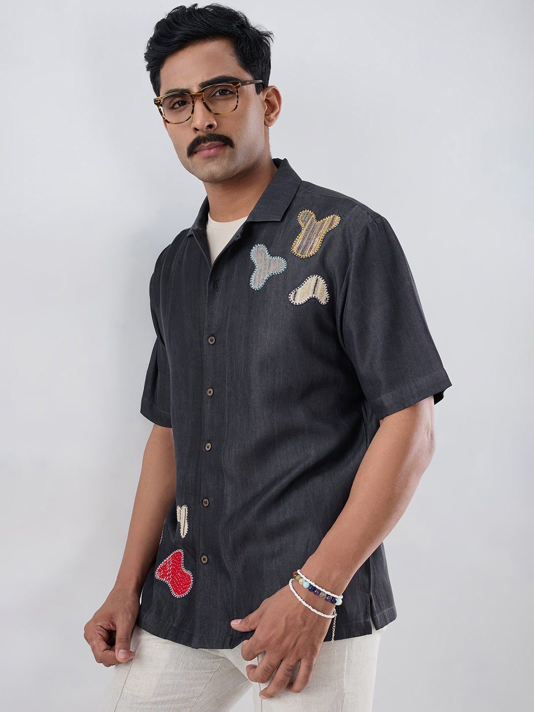 Black Denim Grid Patchwork Shirt