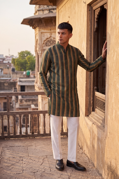 Olive Green Linear Silk Kurta