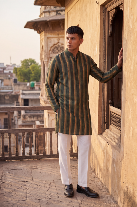 Olive Green Linear Silk Kurta