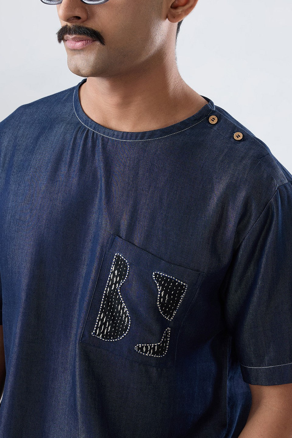 Dark Blue Denim Kantha Patch Pocket T-shirt