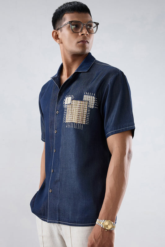 Dark Blue Denim Midnight Mosaic Patchwork Shirt