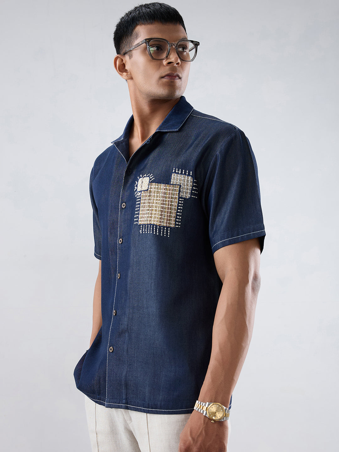 Dark Blue Denim Midnight Mosaic Patchwork Shirt