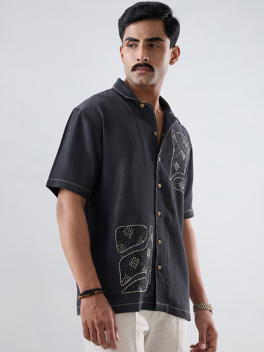 Black Denim Kantha Patchwork Shirt