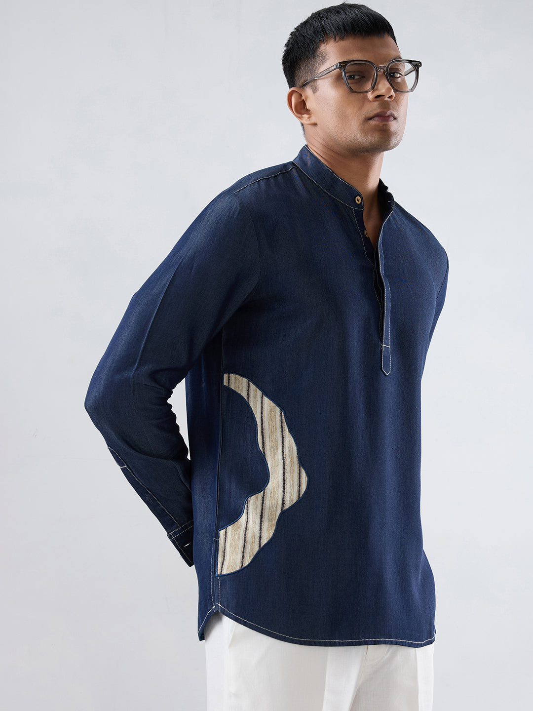 Dark Blue Denim Asymmetric Patchwork Kurta Shirt