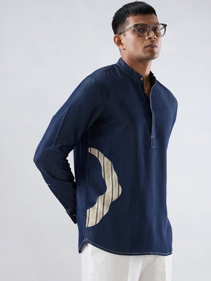Dark Blue Denim Asymmetric Patchwork Kurta Shirt
