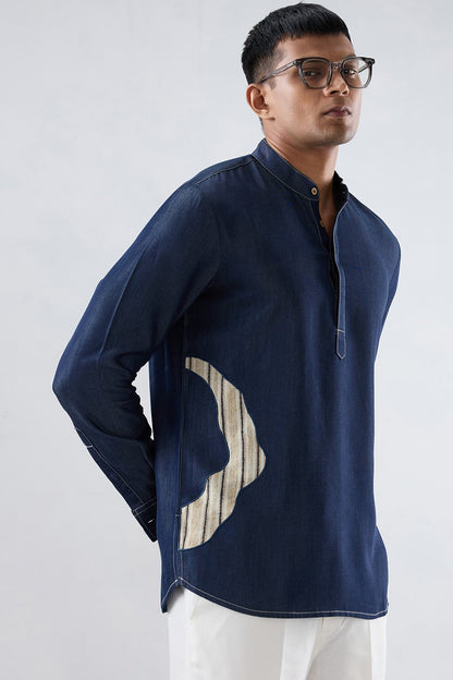 Dark Blue Denim Asymmetric Patchwork Kurta Shirt
