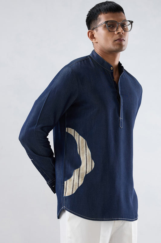 Dark Blue Denim Asymmetric Patchwork Kurta Shirt
