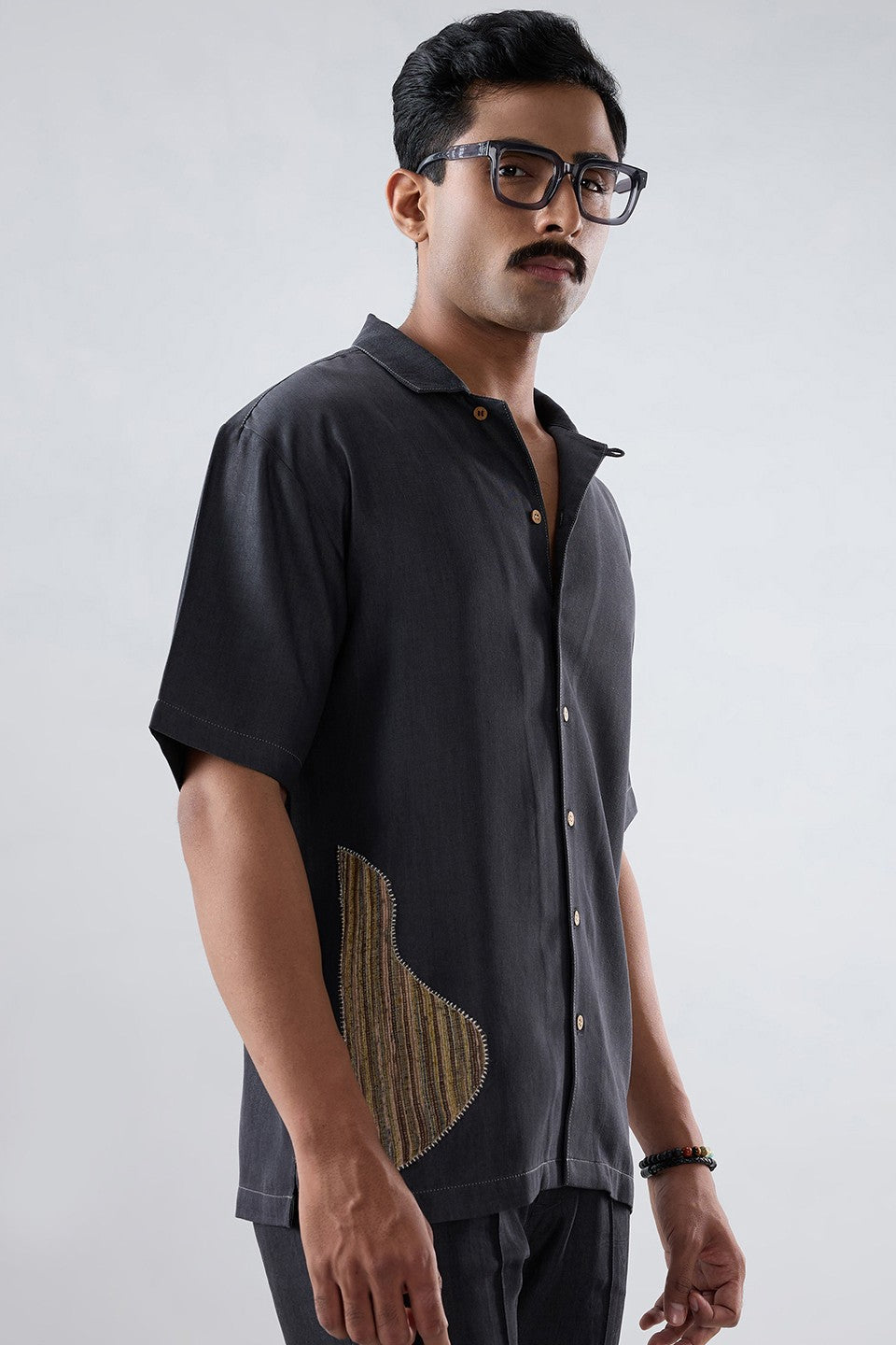 Black Denim Artisanal Patchwork Shirt