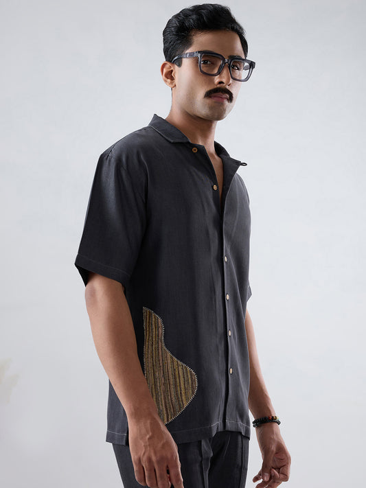 Black Denim Artisanal Patchwork Shirt