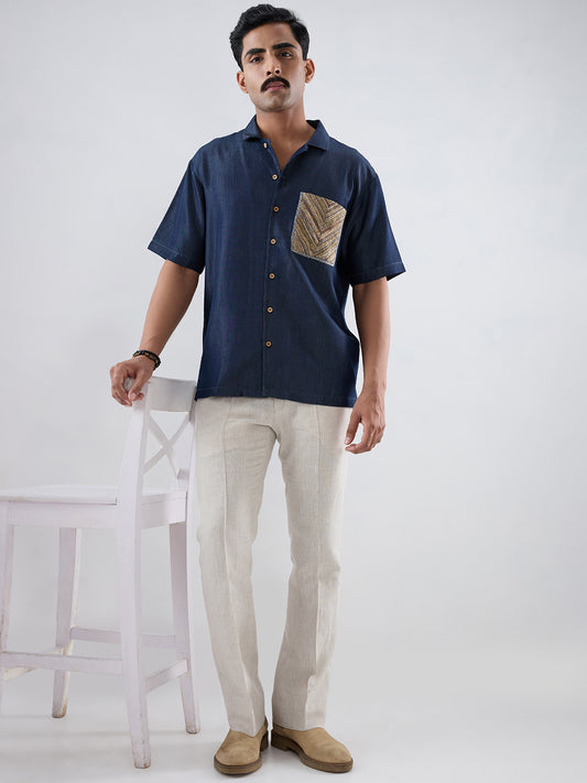Dark Blue Denim Earth Patchwork Shirt