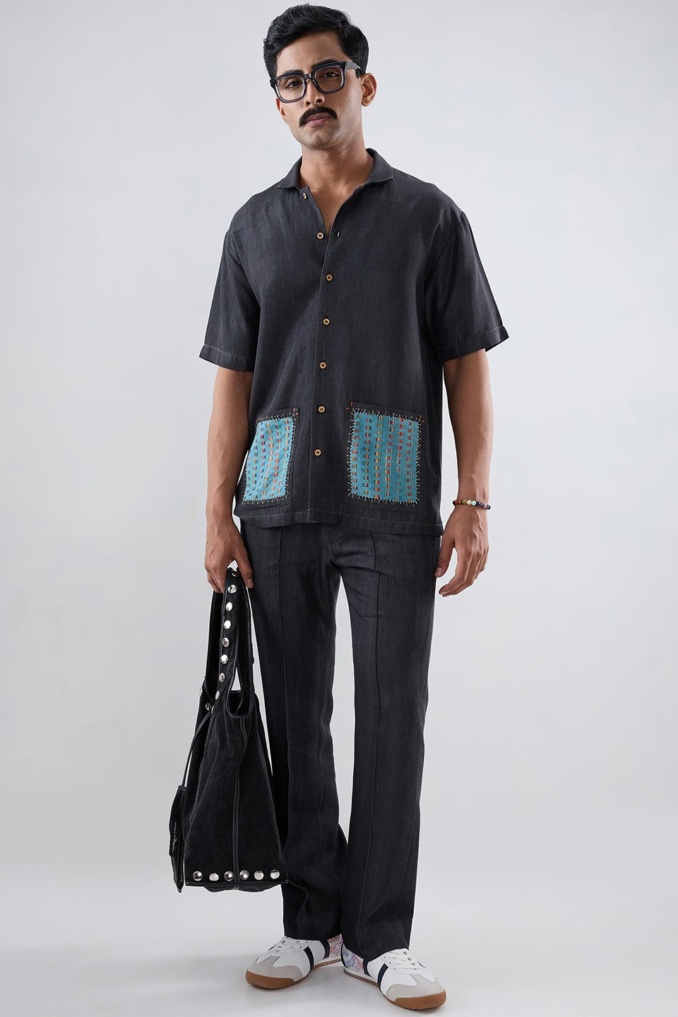 Black Denim Pocket Patchwork Shirt