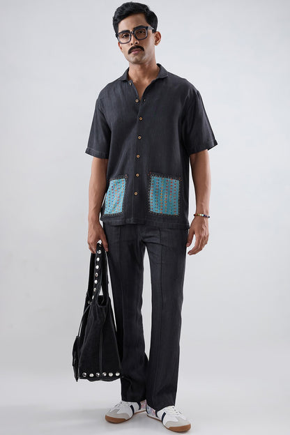 Black Denim Pocket Patchwork Shirt