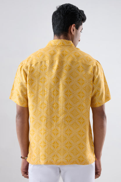 Yellow Bandhani Cuban Collar Shirt