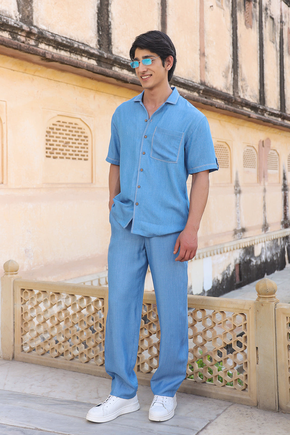 Light Blue Denim Cuban Collar Shirt