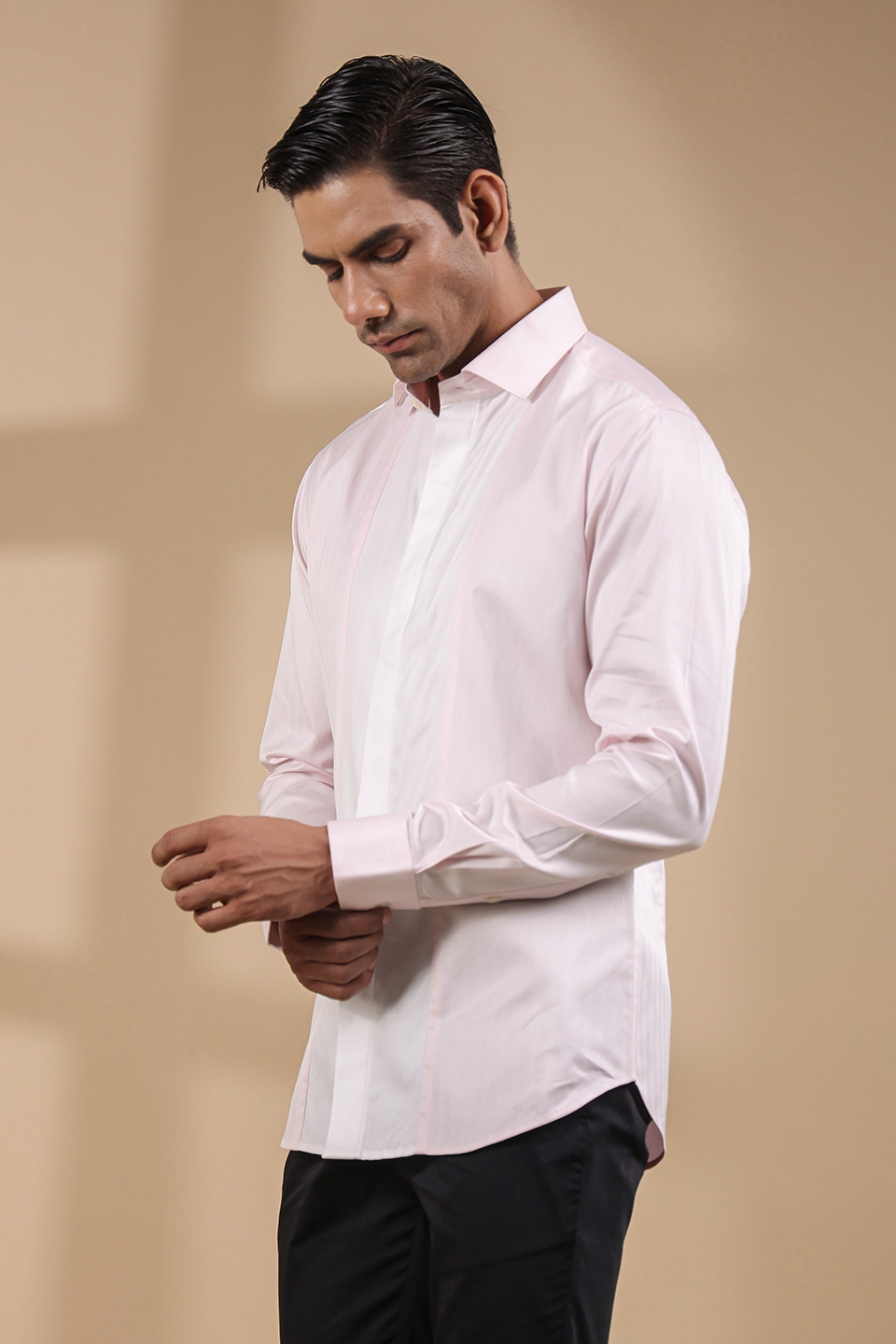 Pink Full Sleeves Contrast Vertical Yoke Shirt