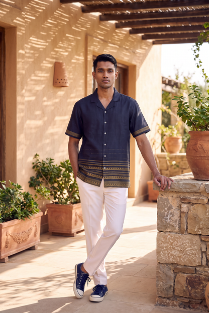 Blue Heritage Silk Cuban Collar Shirt