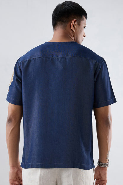 Dark Blue Denim Artisanal Patchwork T-shirt