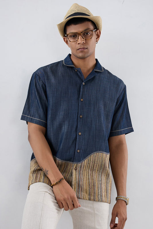 Dark Blue Denim Urban Patchwork Shirt