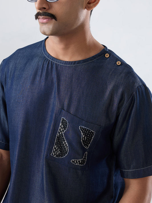 Dark Blue Denim Kantha Patch Pocket T-shirt