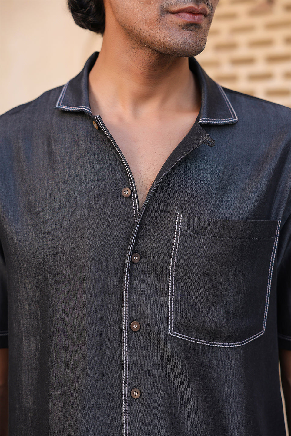 Black Denim Cuban Collar Shirt