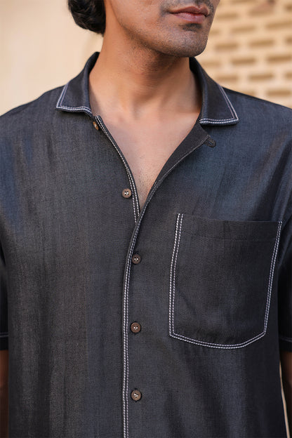 Black Denim Cuban Collar Shirt