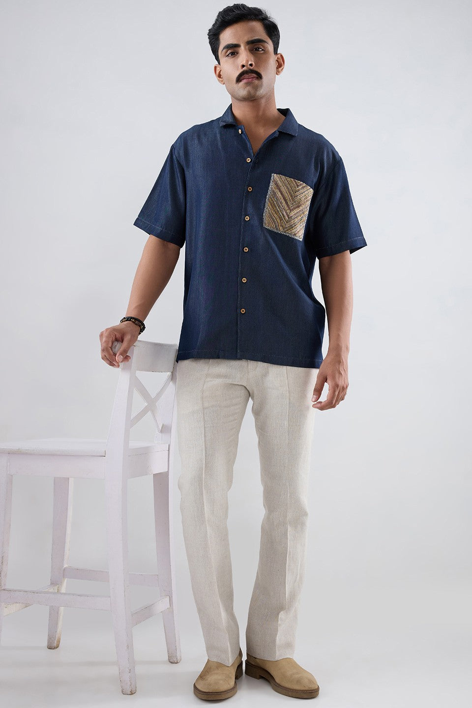 Dark Blue Denim Earth Patchwork Shirt