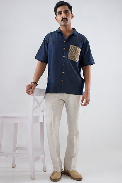Dark Blue Denim Earth Patchwork Shirt