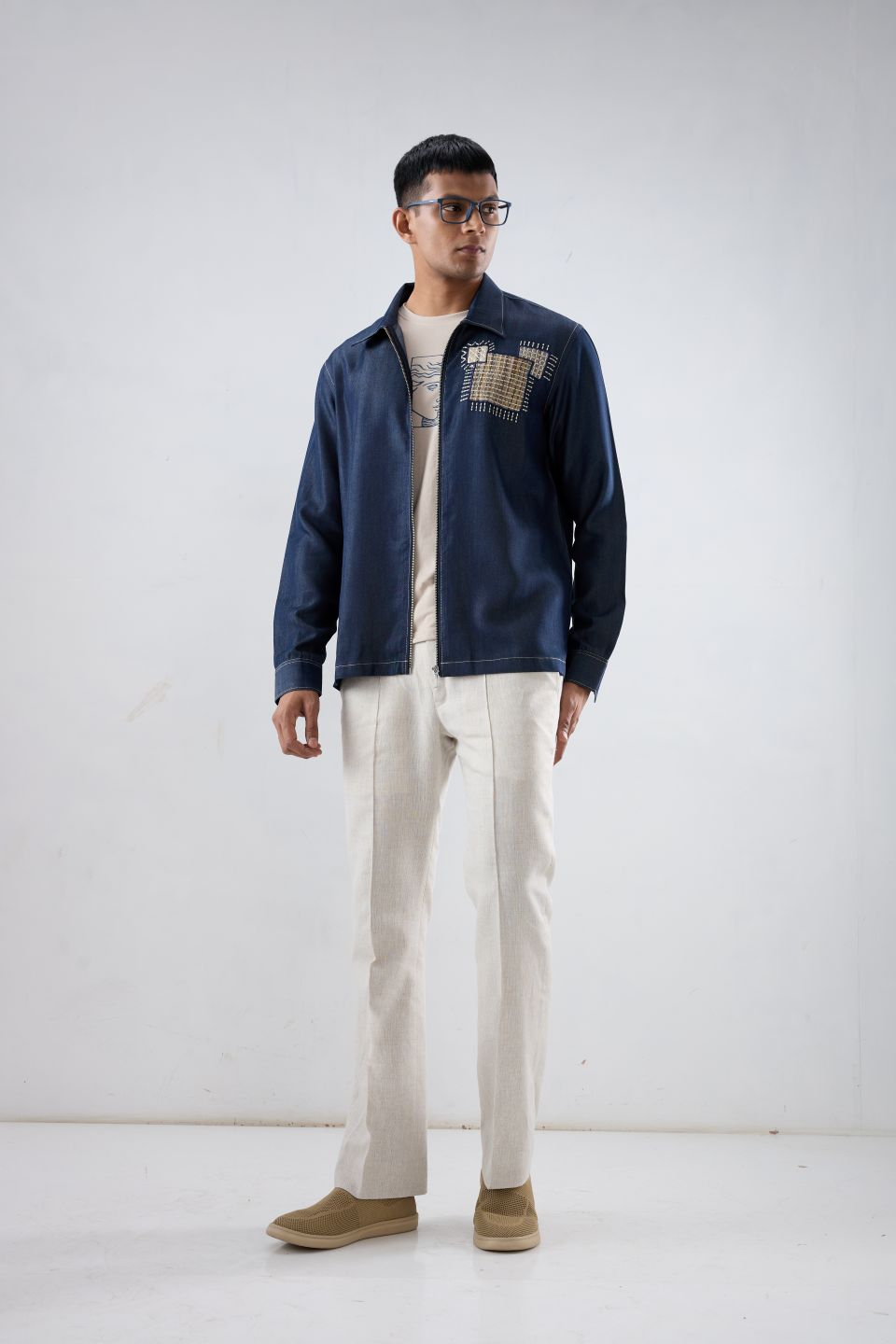 Dark Blue Denim Midnight Mosaic Zipper Patchwork Shacket