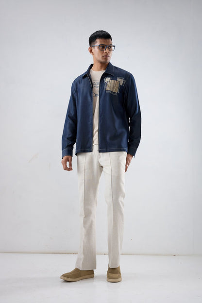 Dark Blue Denim Midnight Mosaic Zipper Patchwork Shacket