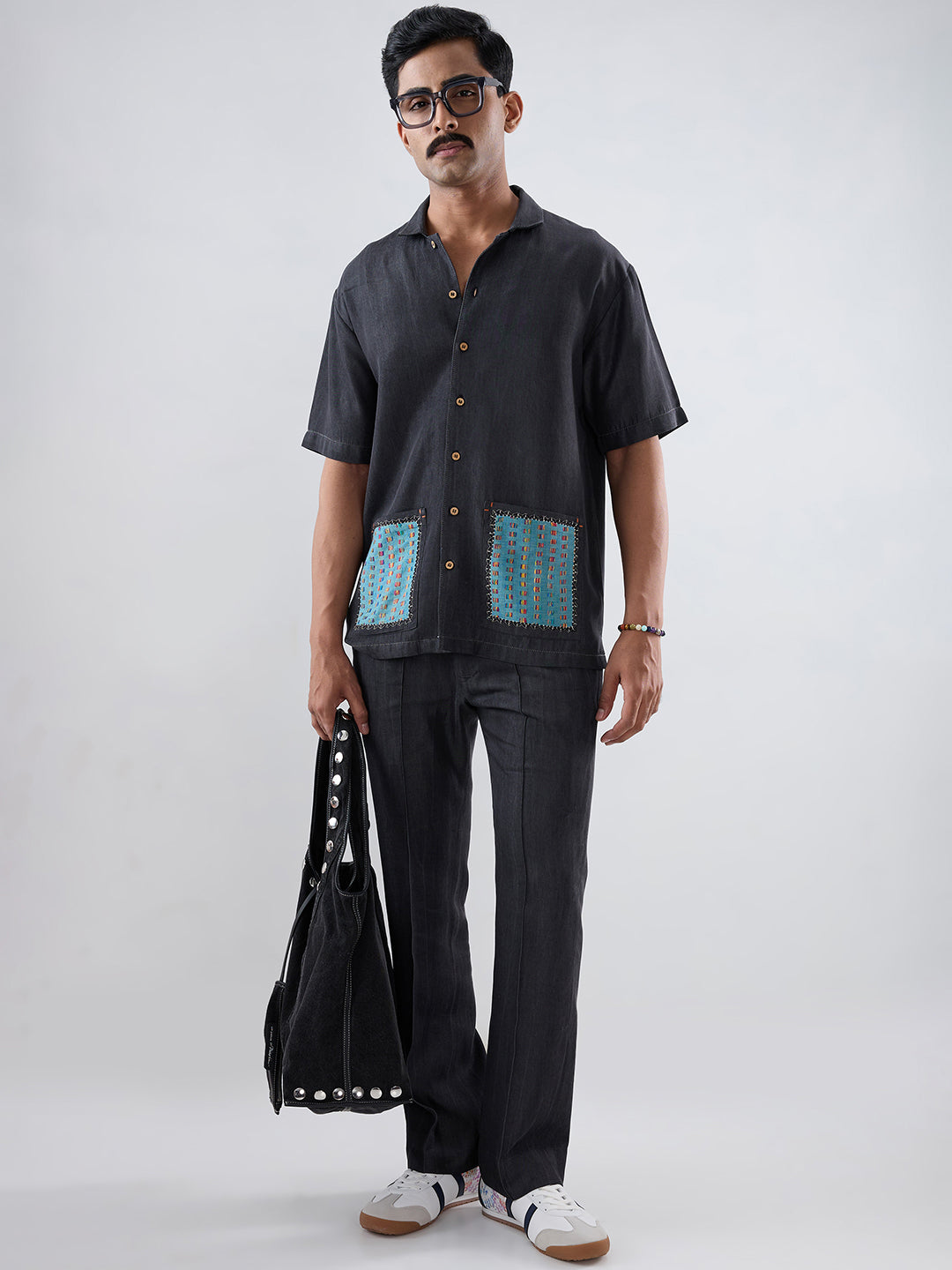 Black Denim Pocket Patchwork Shirt
