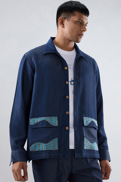 Dark Blue Denim River Flow Patchwork Shacket