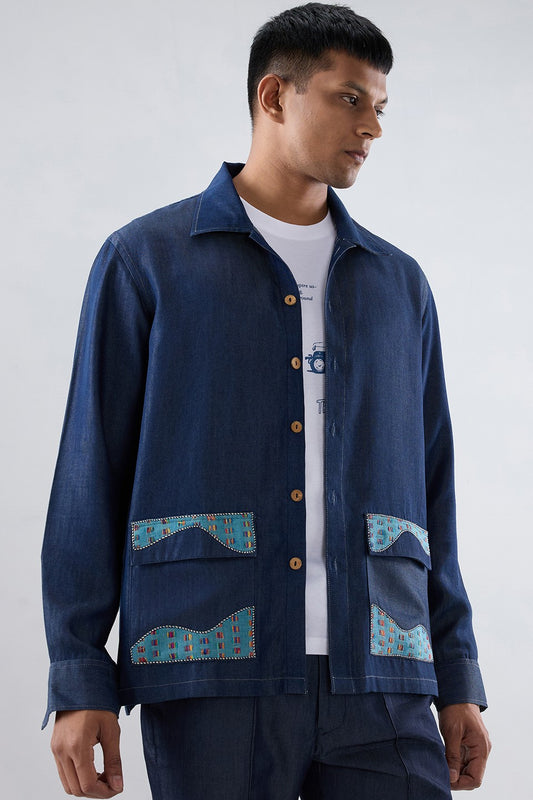 Dark Blue Denim River Flow Patchwork Shacket