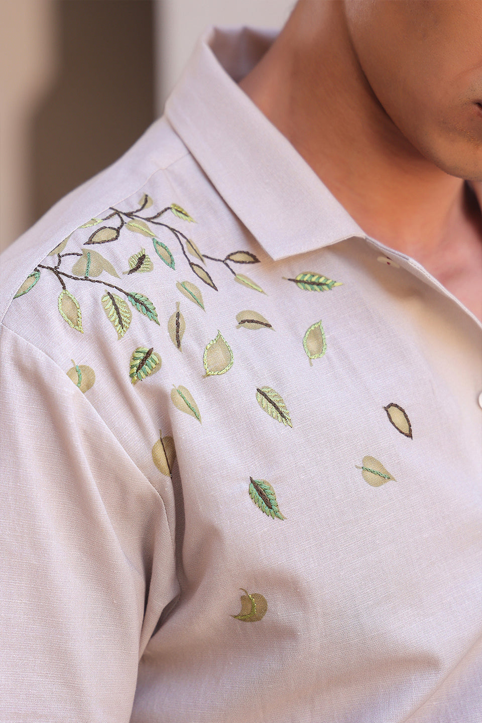 Ivory Embroidered Cuban Collar Shirt Elephant