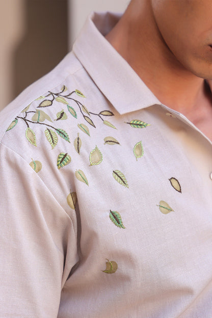 Ivory Embroidered Cuban Collar Shirt Elephant
