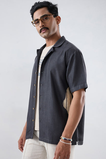 Black Denim Asymmetric Patchwork Shirt