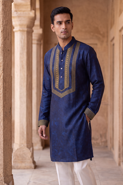 Blue Ornate Silk Kurta