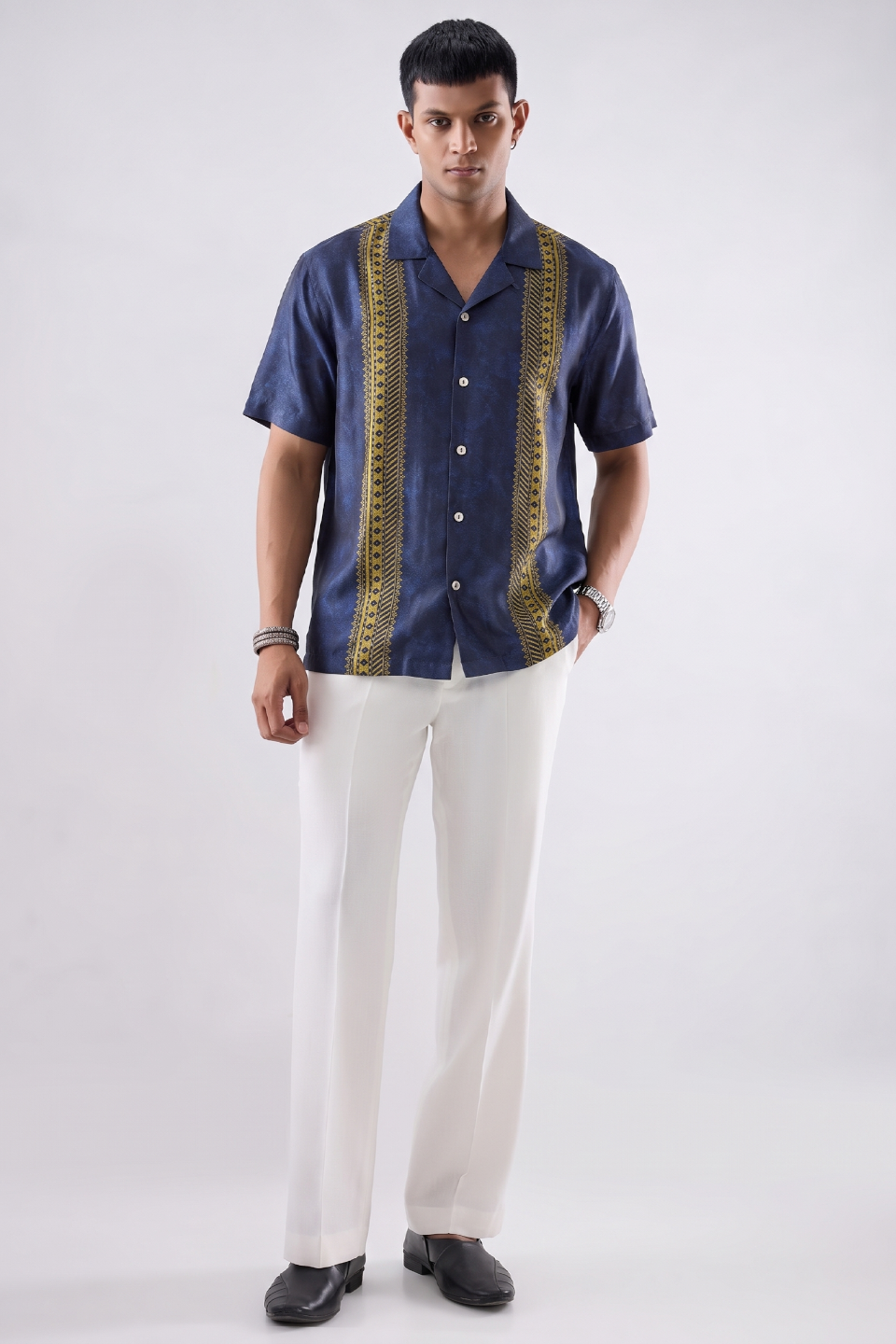 Blue Linear SIlk Cuban Collar Shirt