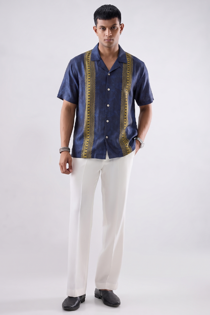 Blue Linear SIlk Cuban Collar Shirt