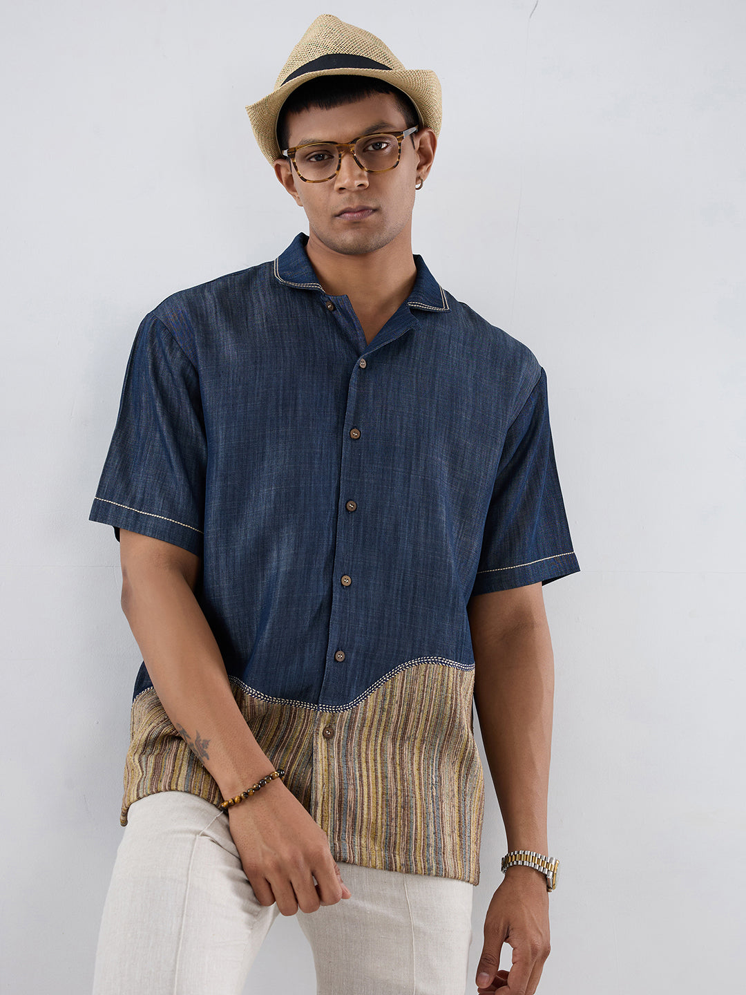 Dark Blue Denim Urban Patchwork Shirt