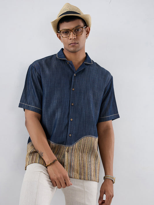 Dark Blue Denim Urban Patchwork Shirt