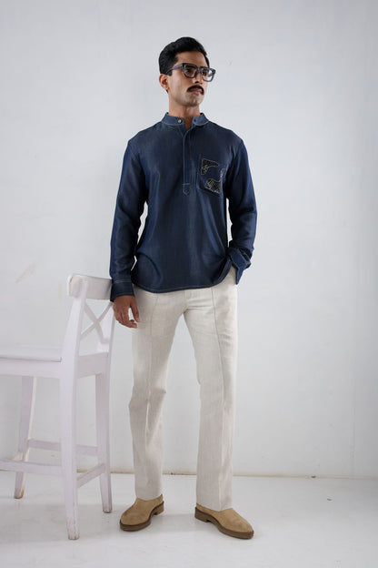Dark Blue Denim Kantha Pocket Patchwork Kurta Shirt