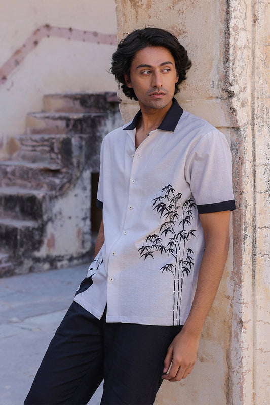 Ivory Embroidered Cuban Collar Shirt Panda