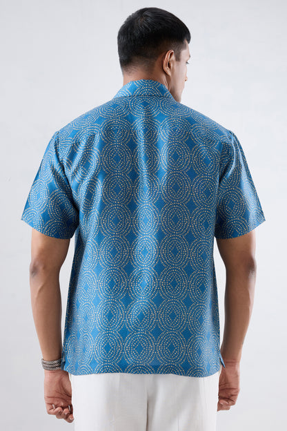 Dark Blue Bandhani Cuban Collar Shirt