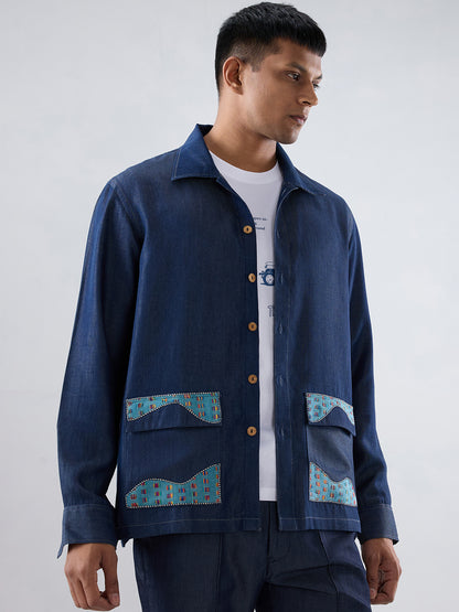 Dark Blue Denim River Flow Patchwork Shacket