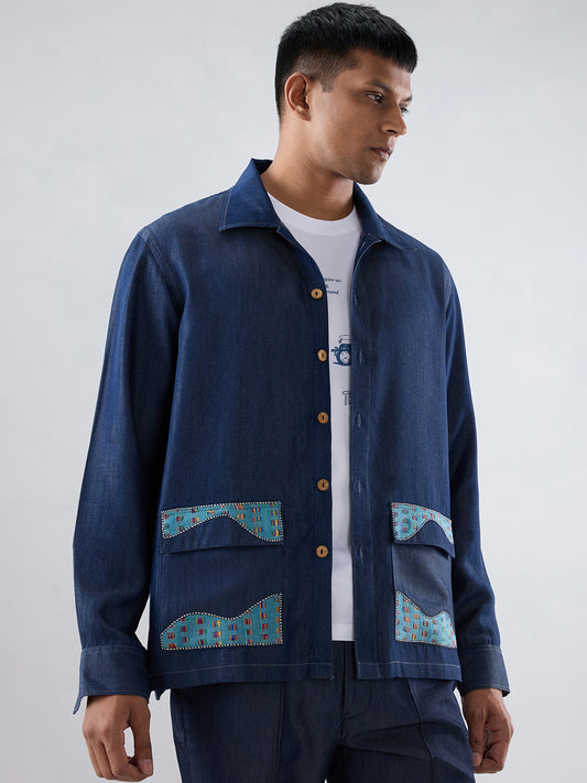 Dark Blue Denim River Flow Patchwork Shacket