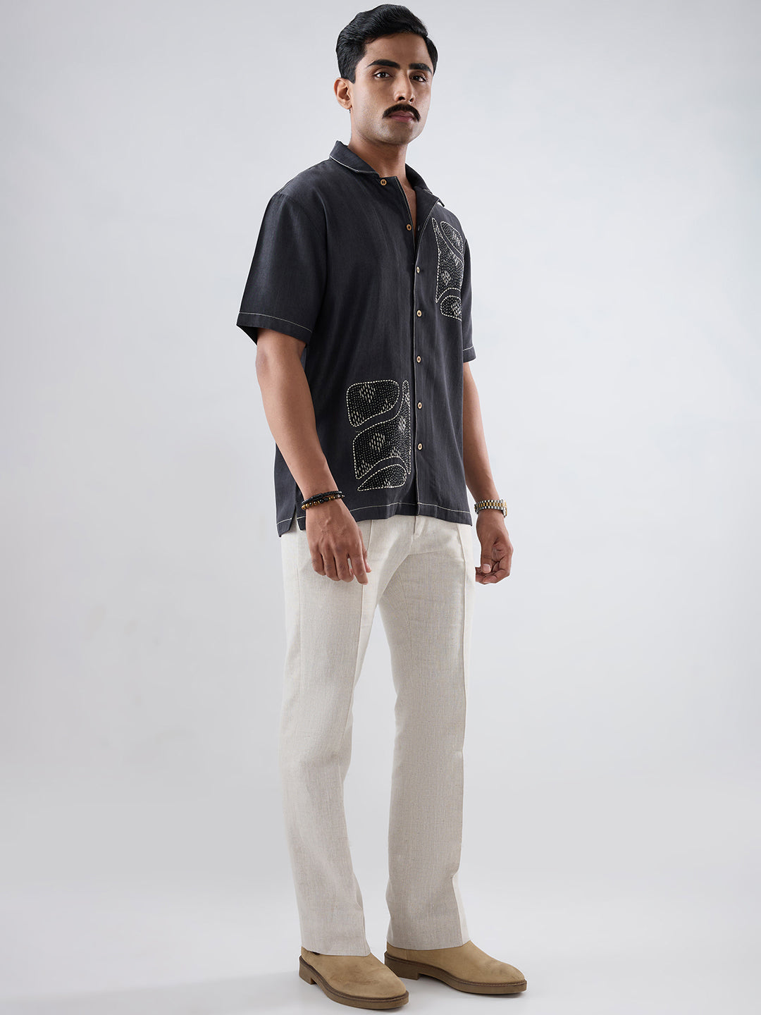 Black Denim Kantha Patchwork Shirt