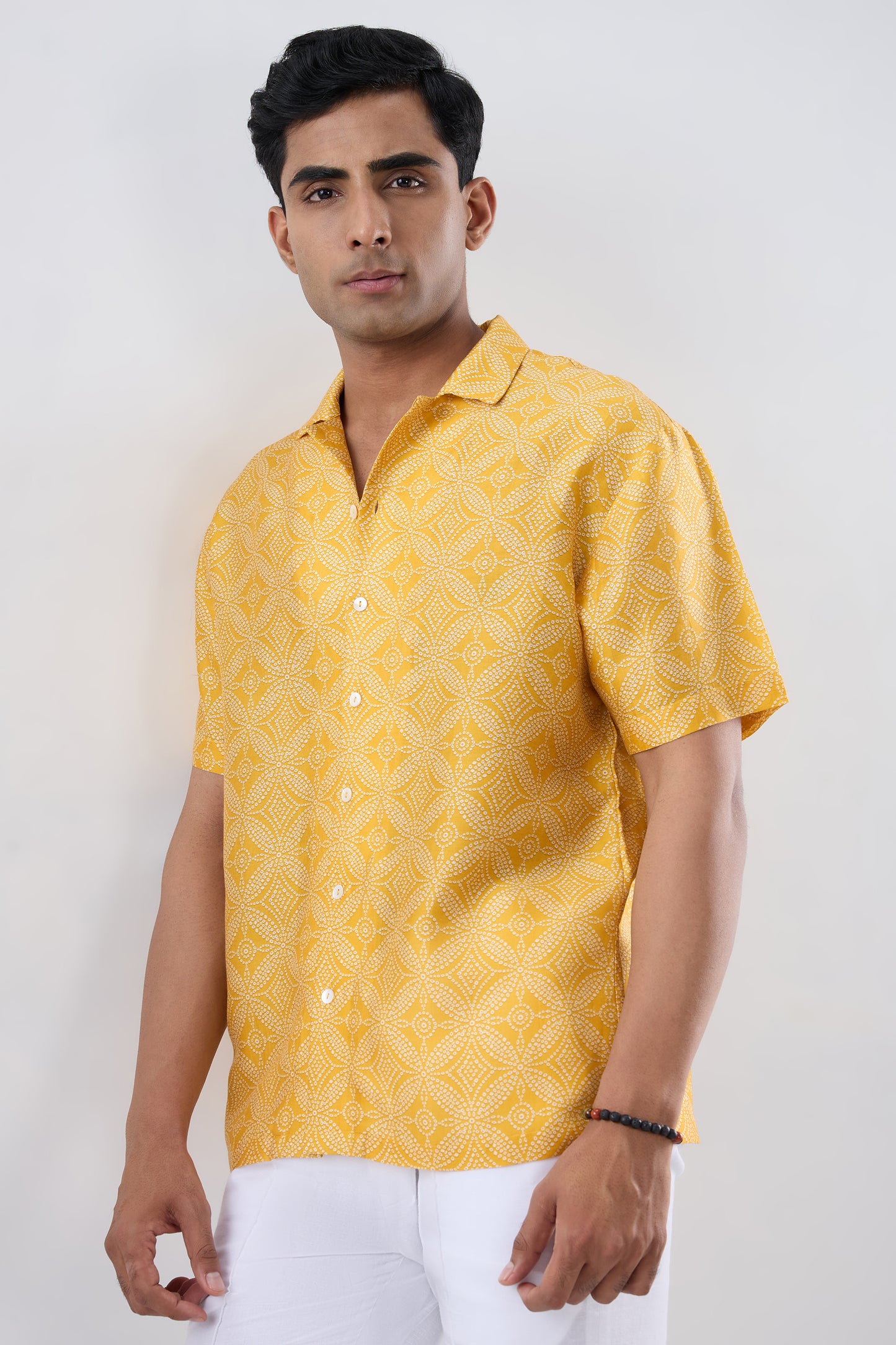 Yellow Bandhani Cuban Collar Shirt