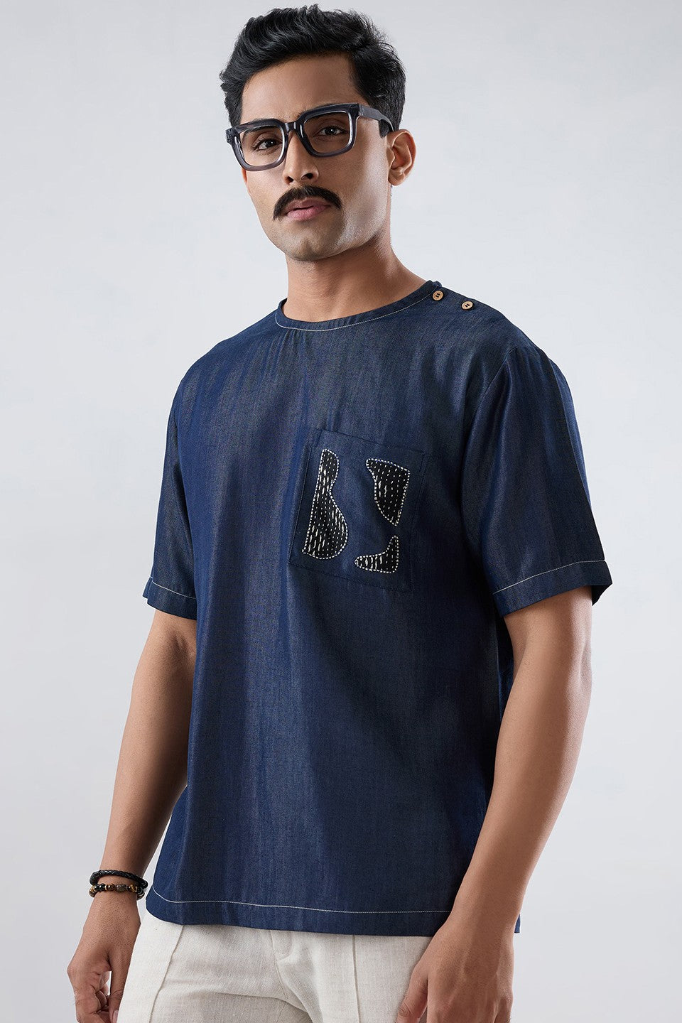Dark Blue Denim Kantha Patch Pocket T-shirt