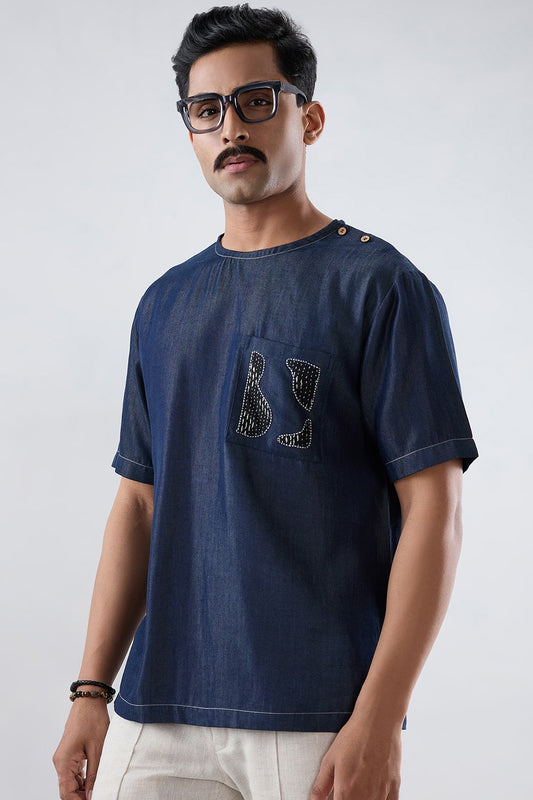 Dark Blue Denim Kantha Patch Pocket T-shirt