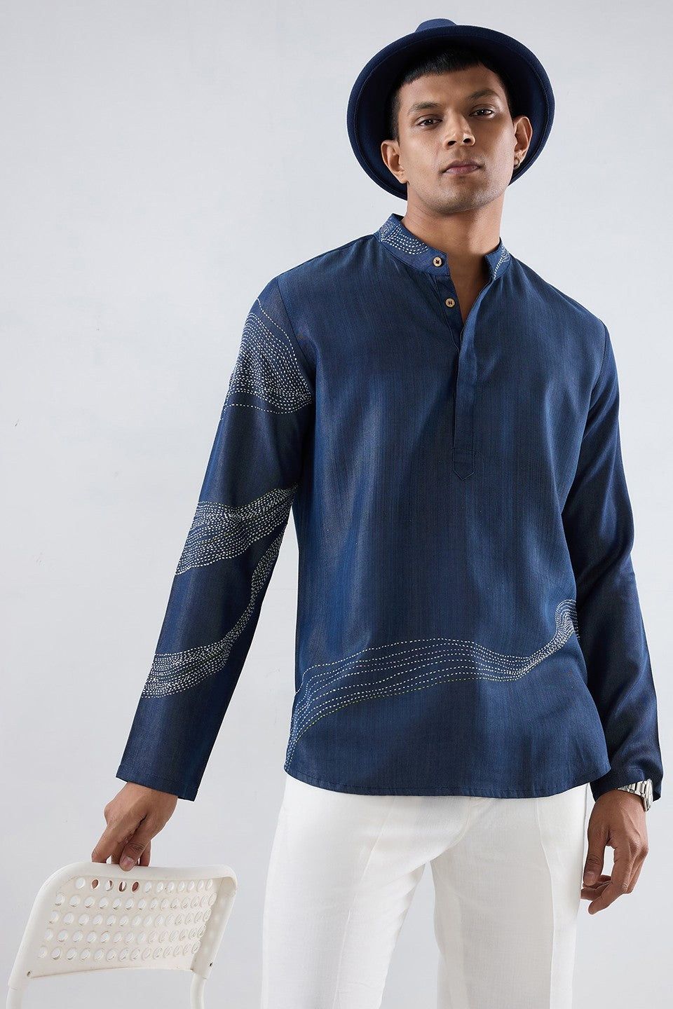 Kantha Blue Embroidered Kurta Shirt